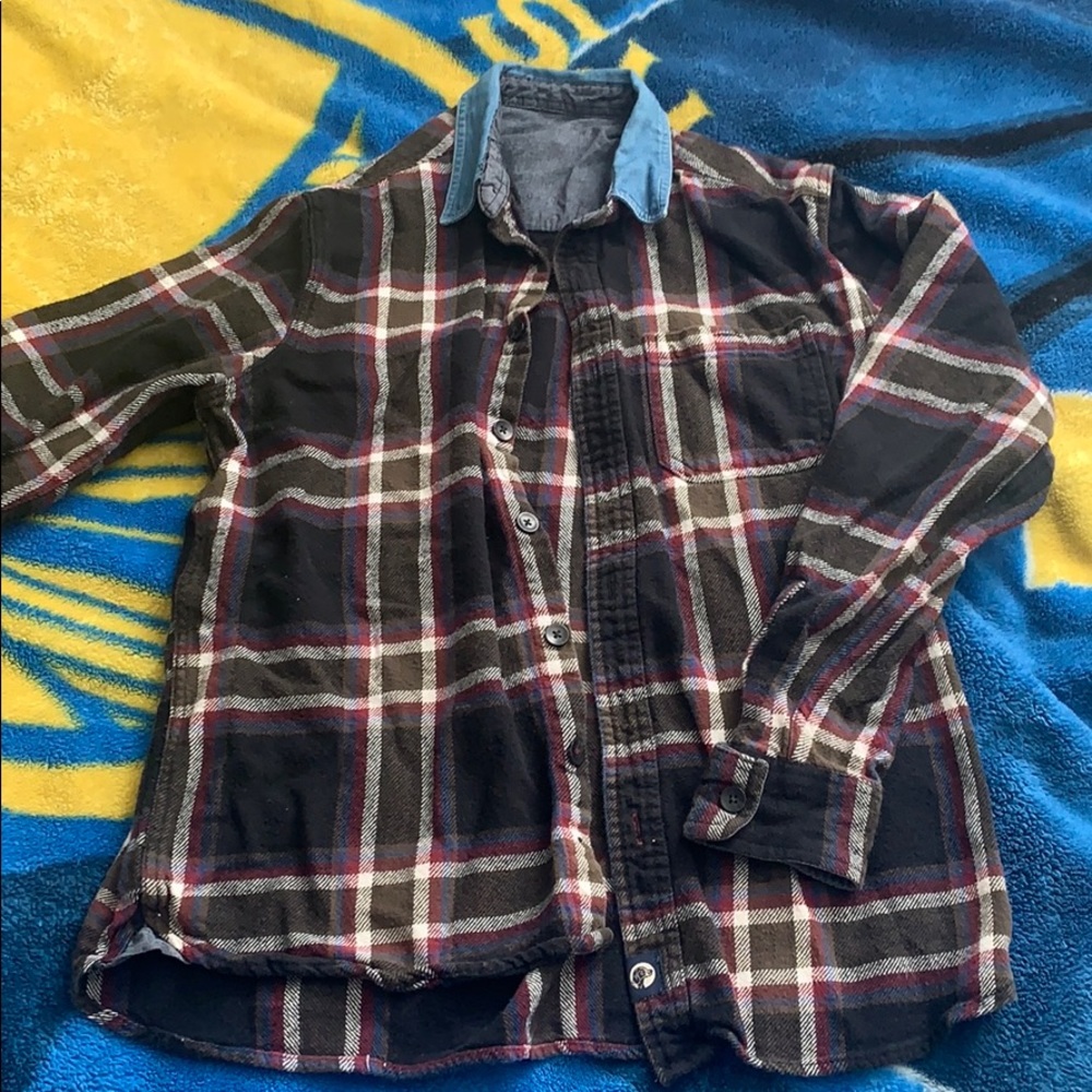Flannel shirt reconstructed with denim collar